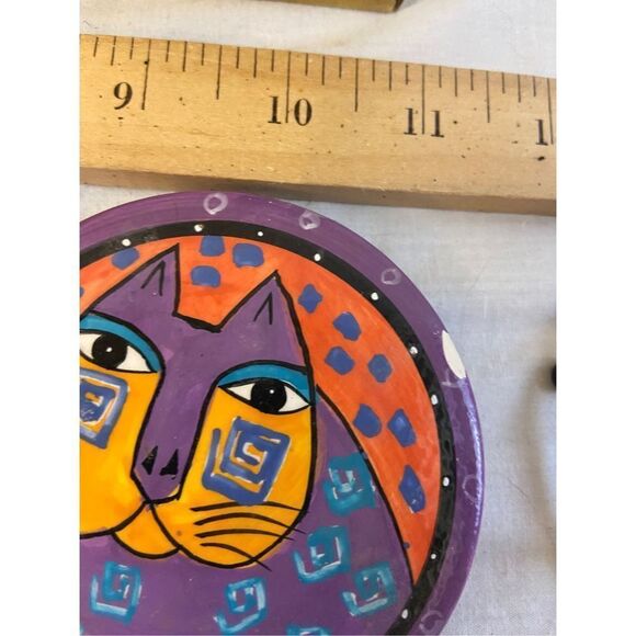 Laurel Burch 3 Coasters Cats defect on 1 purple green colors - Picture 1 of 5